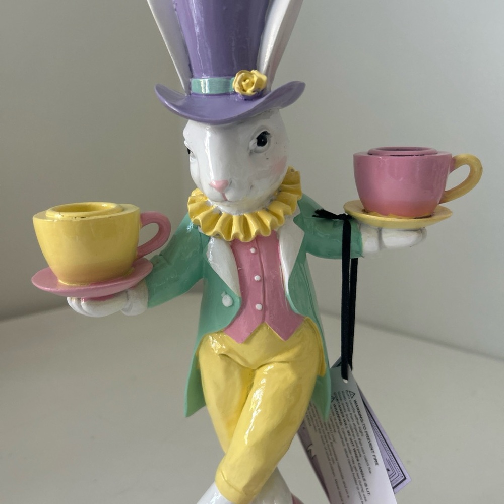 Easter Bunny Teacup Figurine Whimsical Candle Holder Decor - Picture 4 of 16